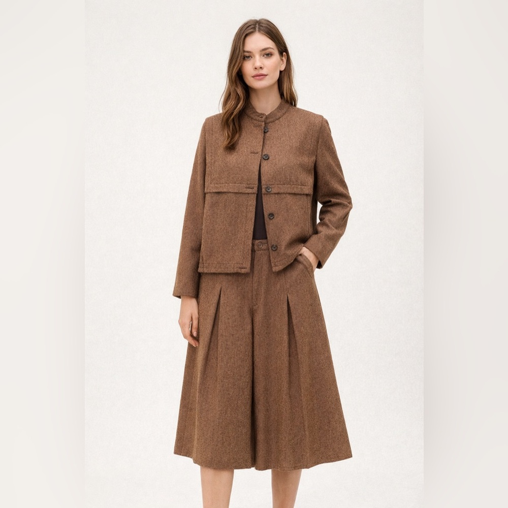 Vintage Oleg Cassini Brown Tweed 2 Piece Set Jacket & Culotte Pant Medium